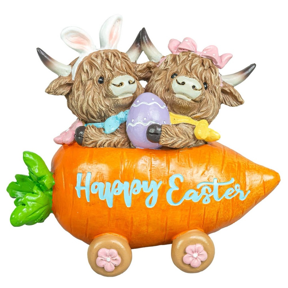 Easter Highland Cow Figurine with Carrot and Egg